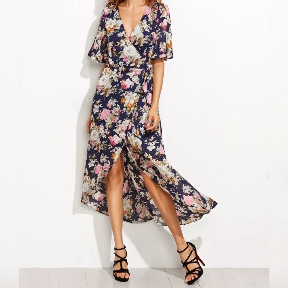 ✨3xHP ✨Navy Flower Print High Low Wrap Dress✨